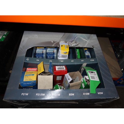 1213 - 2 display racks and 2 display boxes containing a quantity of various auto bulbs. Contents of 2 shelv... 