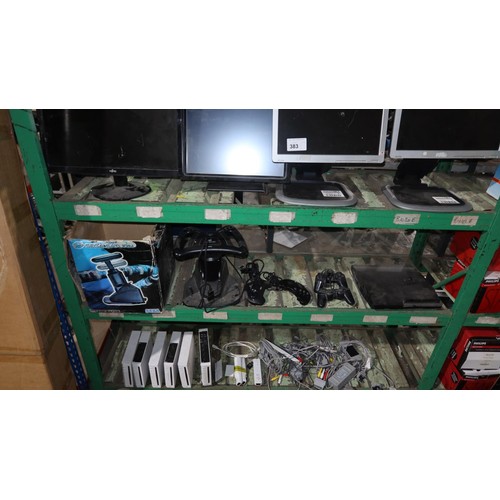 383 - A quantity of various items including 4 computer monitors, a Sony PS3, 1 Sega Saturn arcade racer co... 