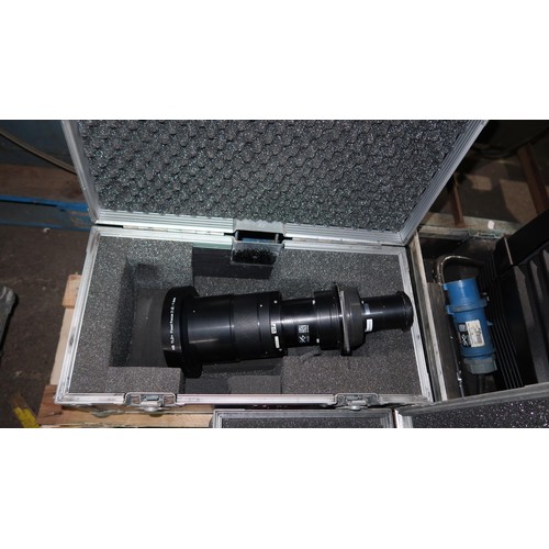 317 - A Barco BME FLM HD18 projector 240v supplied in a wheeled flight case together with a remote control... 