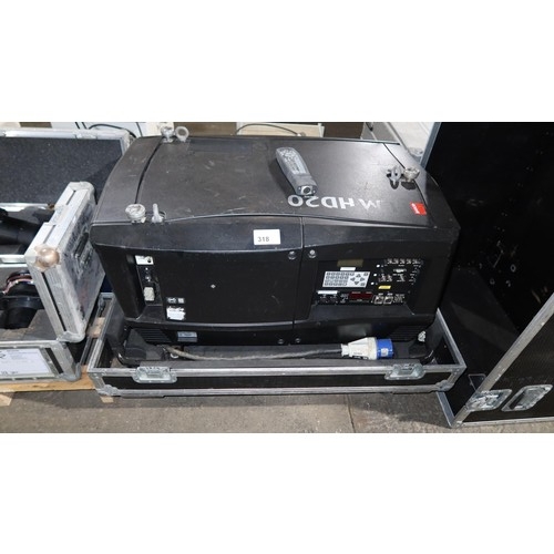 318 - A Barco BME FLM HD18 projector 240v supplied in a wheeled flight case together with a remote control... 