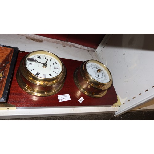 3157 - 3 carved wood interior pictures and a mounted clock and barometer (1 shelf)