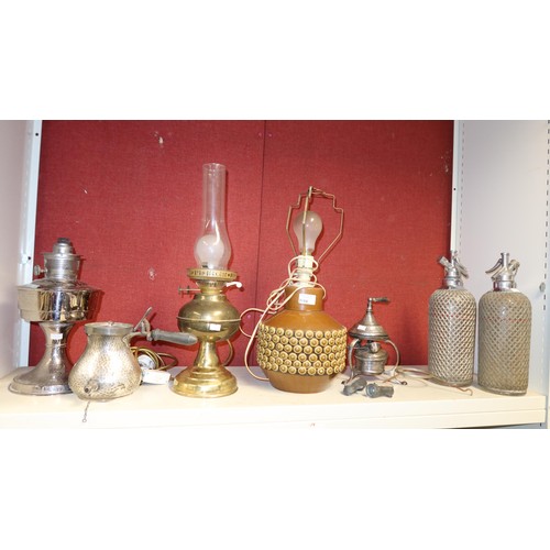 3164 - 2 vintage soda syphons, two vintage oil lamps, a decorative vase and a quantity of miscellaneous oth... 