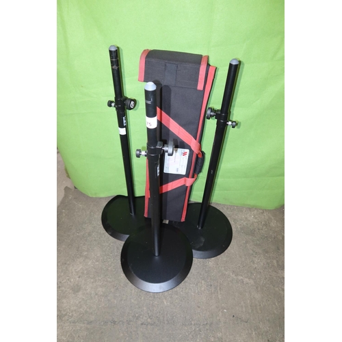 75 - 3 black metal adjustable height speaker stands by K & M supplied with 1 soft carry / storage bag (Th... 