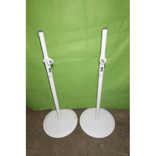 77 - 2 white metal adjustable height speaker stands by K & M (These are the vertical pole screwing into a... 