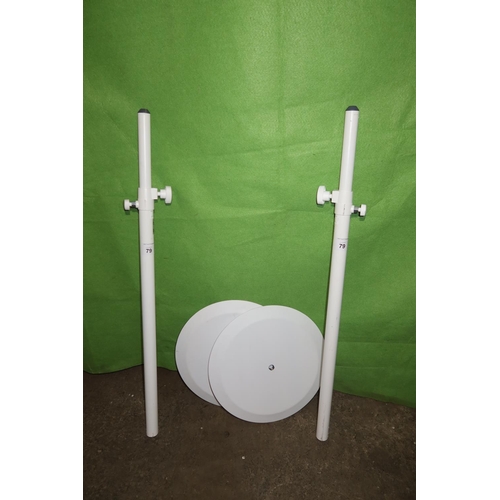 79 - 2 white metal adjustable height speaker stands by K & M (These are the vertical pole screwing into a... 