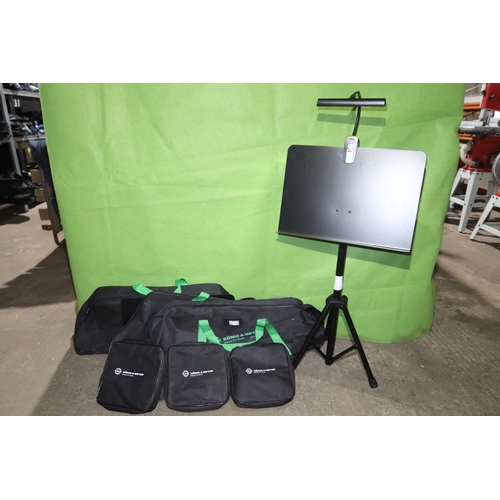 96 - 3 black metal folding tripod orchestra music stands all with clip on battery powered LED lights and ... 