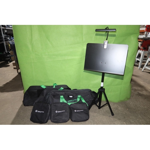 97 - 3 black metal folding tripod orchestra music stands all with clip on battery powered LED lights and ... 