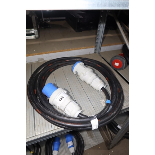 126 - 1 x 10m extension lead with blue 240v / 63A Ceeform 3 pin sleeve plug and socket fitted