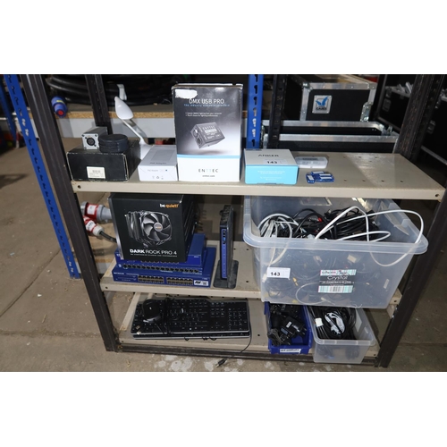 143 - A quantity of various computer and other items including a Dark Rock Pro 4 CPU cooler, leads, Netgea... 