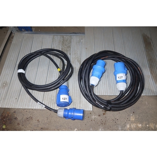 127 - 2 extension leads with blue 240v / 32A Ceeform 3 pin sleeve plugs and sockets fitted comprising 1 x ... 