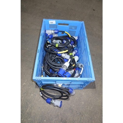 144 - 1 blue plastic crate quantity of various short 240v Ceeform extension leads - Details as per photogr... 