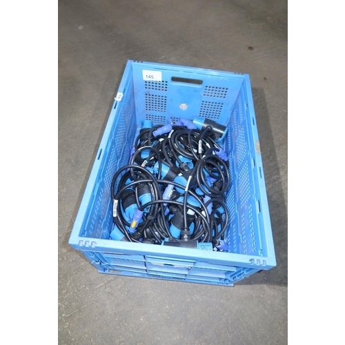 145 - 1 blue plastic crate quantity of various short 16A T-Line 240v leads - Details as per photographs an... 