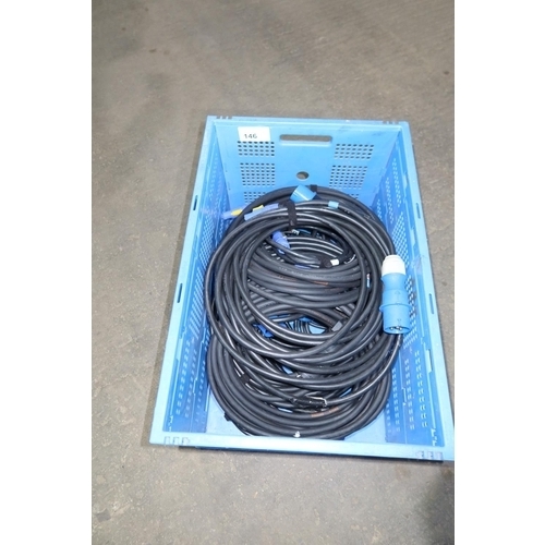 146 - 1 blue plastic crate quantity of various 16A 240v to Powercon leads - Details as per photographs and... 