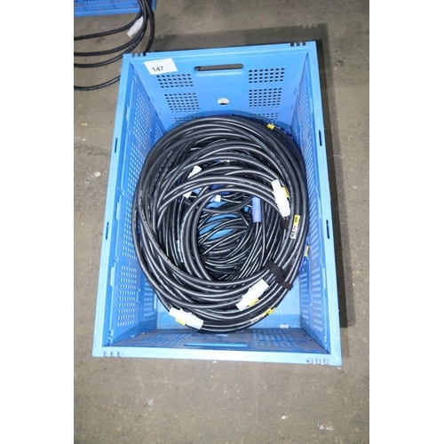 147 - 1 blue plastic crate quantity of various Powercon Male-Female leads - Details as per photographs and... 