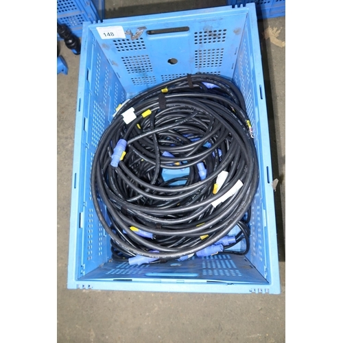 148 - 1 blue plastic crate quantity of various Powercon Male-Female leads - Details as per photographs and... 