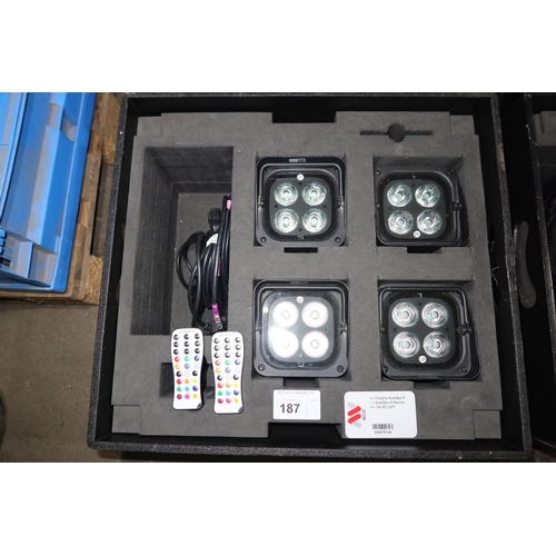 187 - 4 battery powered RGBW LED uplights by Prolights type Smart Bat IP supplied in a black stacking stor... 