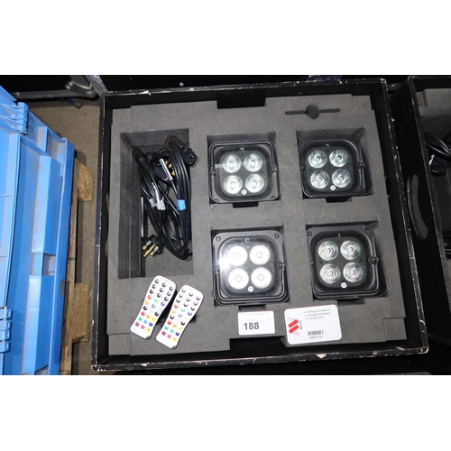 188 - 4 battery powered RGBW LED uplights by Prolights type Smart Bat IP supplied in a black stacking stor... 