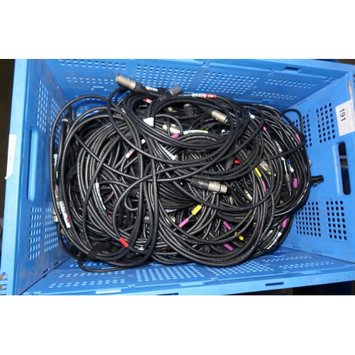 191 - A quantity of various leads (mainly 3 pin XLR and 5 pin DMX) . Contents of 1 blue plastic crate whic... 