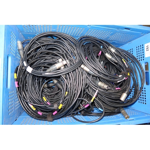 192 - A quantity of various leads (mainly 3 pin XLR and 5 pin DMX) . Contents of 1 blue plastic crate whic... 