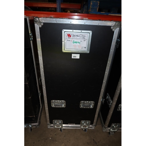 284 - 1 wheeled storage flight case with two part lift off top (empty) approx 62 x 58 x 144cm high (includ... 