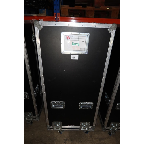 286 - 1 wheeled storage flight case with two part lift off top (empty) approx 62 x 72 x 144cm high (includ... 