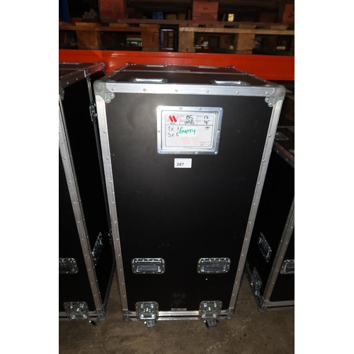 287 - 1 wheeled storage flight case with two part lift off top (empty) approx 62 x 72 x 144cm high (includ... 