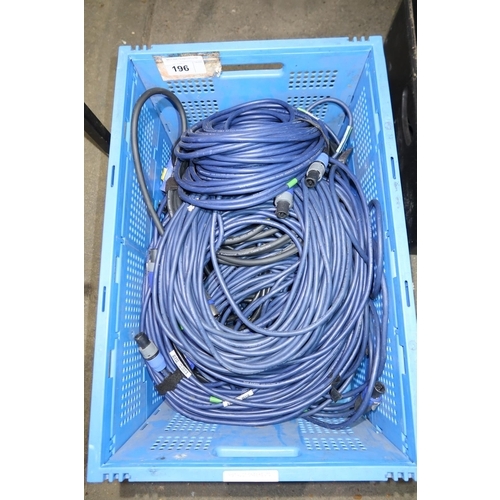 196 - A quantity of various speaker cables with NL2 fittings. Contents of 1 blue plastic crate which is no... 