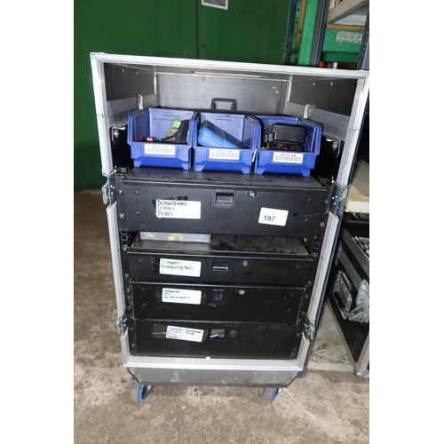 197 - 1 wheeled flight case containing 4 metal drawers and a quantity of various hand tools approx 52 x 70... 