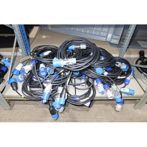 107 - 33 x various length 240v extension leads with blue Ceeform 3 pin sleeve plugs / sockets fitted compr... 