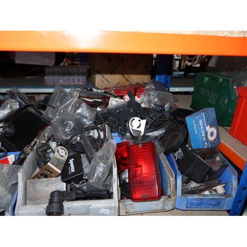 138 - A quantity of plastic Lin type storage bins containing various auto related items including indicato... 