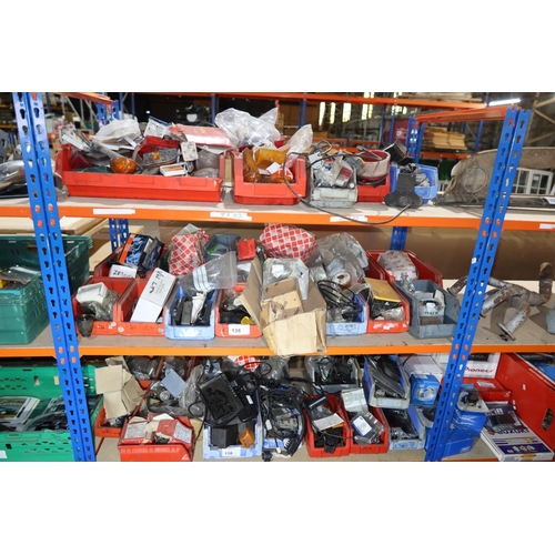 138 - A quantity of plastic Lin type storage bins containing various auto related items including indicato... 