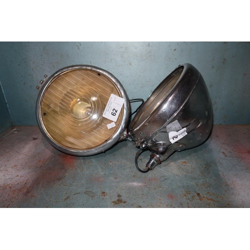 62 - A pair of vintage head lights by Joseph Lucas type King of the Road LI65S, approx 9.5 inch diameter ... 