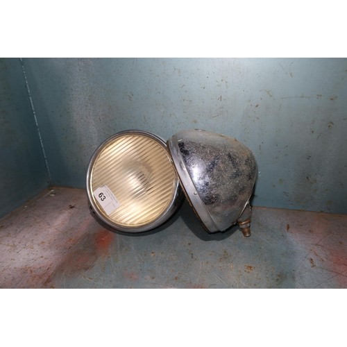 63 - A pair of vintage head lights by Joseph Lucas type King of the Road LI50, approx 8. 5 inch diameter.... 