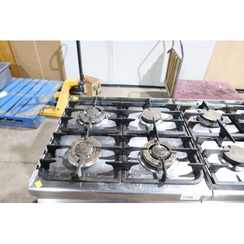 1144 - A commercial stainless steel 8 ring gas hob with 3 door storage cupboard beneath, unit is 2 x 4 ring... 