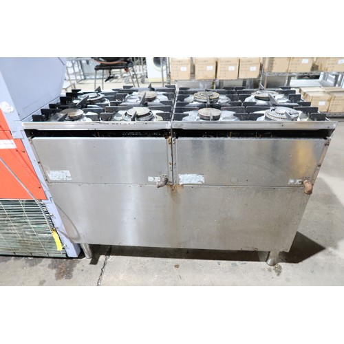 1144 - A commercial stainless steel 8 ring gas hob with 3 door storage cupboard beneath, unit is 2 x 4 ring... 