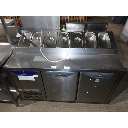 1172 - A 2 door bench fridge by Williams with integrated salad bar, pots, lids etc, model HO2U-OPAL-2000 ap... 