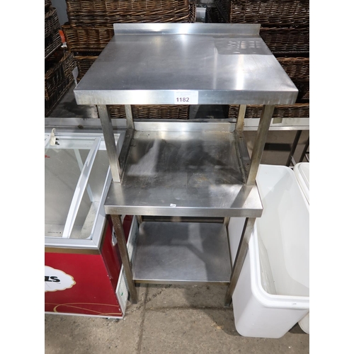 1182 - A commercial stainless steel catering type table with shelf beneath and shelf above approx 60x56x140... 