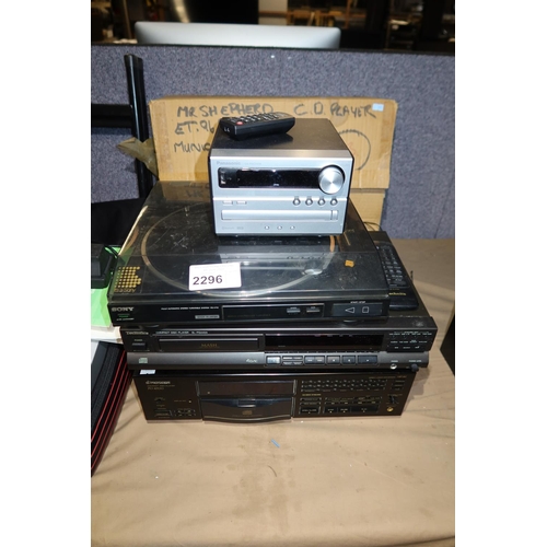 2296 - A quantity of various electronic items including a Pioneer cd player, Technics cd player, Sony turnt... 