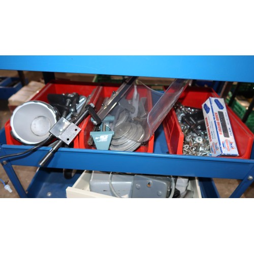 164 - A blue metal workshop trolley with 4 shelves containing a quantity of various engineering related it... 