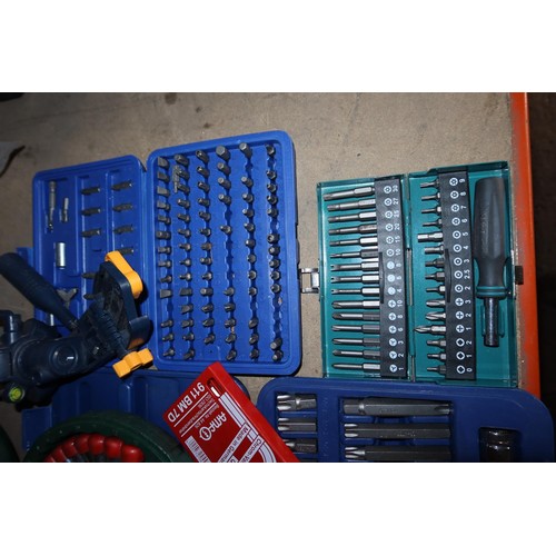 263 - A quantity of various hand tools, sockets, driver bits, a welding mask etc