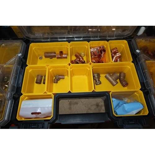 341 - 6 Stanley Fat Max parts storage boxes containing a quantity of various copper and brass plumbing fit... 