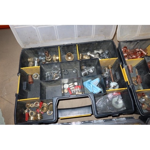 341 - 6 Stanley Fat Max parts storage boxes containing a quantity of various copper and brass plumbing fit... 