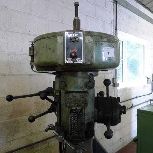 3 - 1 vertical milling machine by Archdale machine number VM6827,  3ph table size approx 25 x 78cm