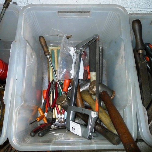 62 - 5 boxes containing a quantity of various tools including files, Allen keys, spanners, a hacksaw etc