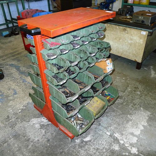 76 - A double sided mobile storage trolley with a quantity of Lin type bins containing cap head screws, s... 