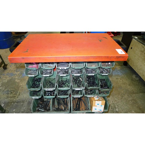 76 - A double sided mobile storage trolley with a quantity of Lin type bins containing cap head screws, s... 