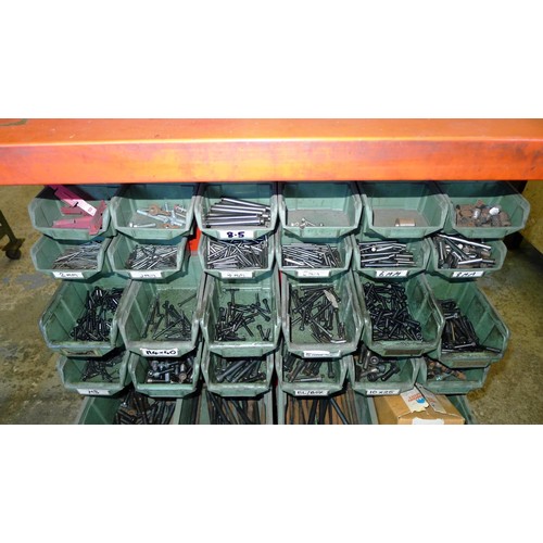 76 - A double sided mobile storage trolley with a quantity of Lin type bins containing cap head screws, s... 