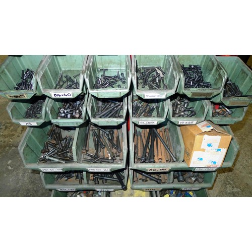 76 - A double sided mobile storage trolley with a quantity of Lin type bins containing cap head screws, s... 