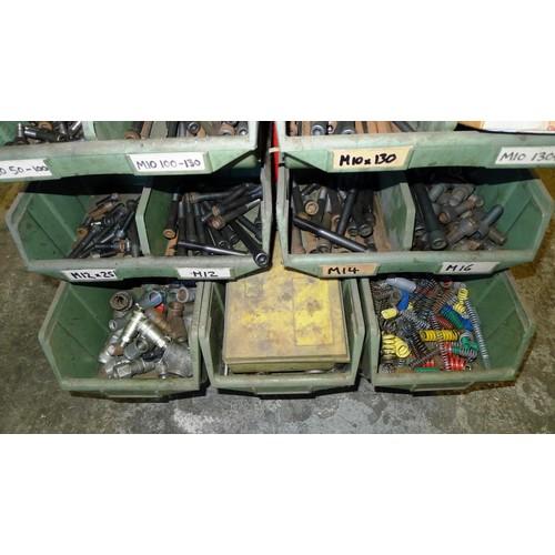 76 - A double sided mobile storage trolley with a quantity of Lin type bins containing cap head screws, s... 