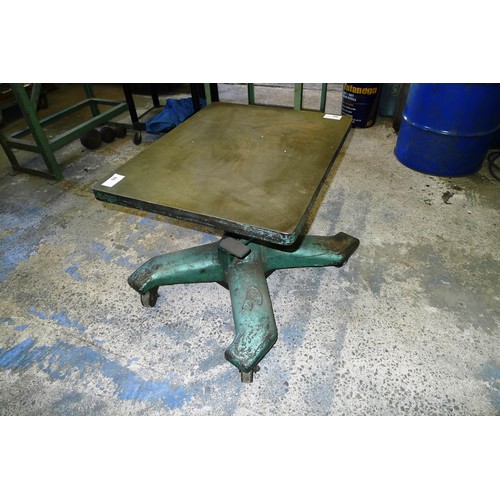 80 - 1 adjustable height engineers surface table approx 76 x 60cm on a heavy duty wheeled cast base